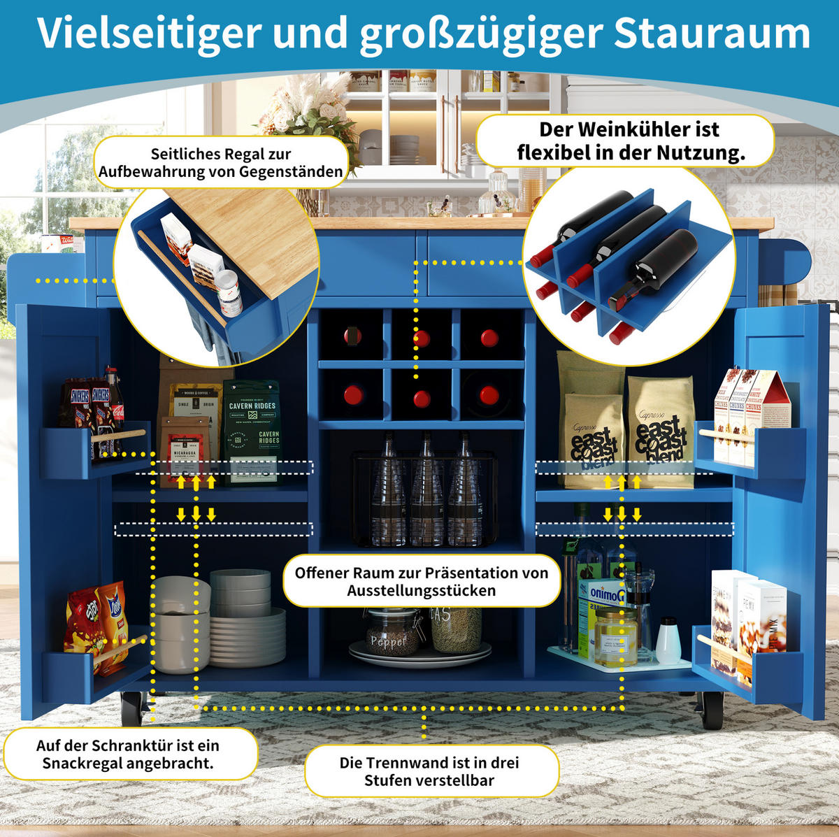 KÜCHENINSEL aus MDF und Metall 102x45x92 cm Blau mit Rollen, Weinregal und verstellbarem Stauraum - Blau, Holzwerkstoff (102/92/45cm) - Modfu
