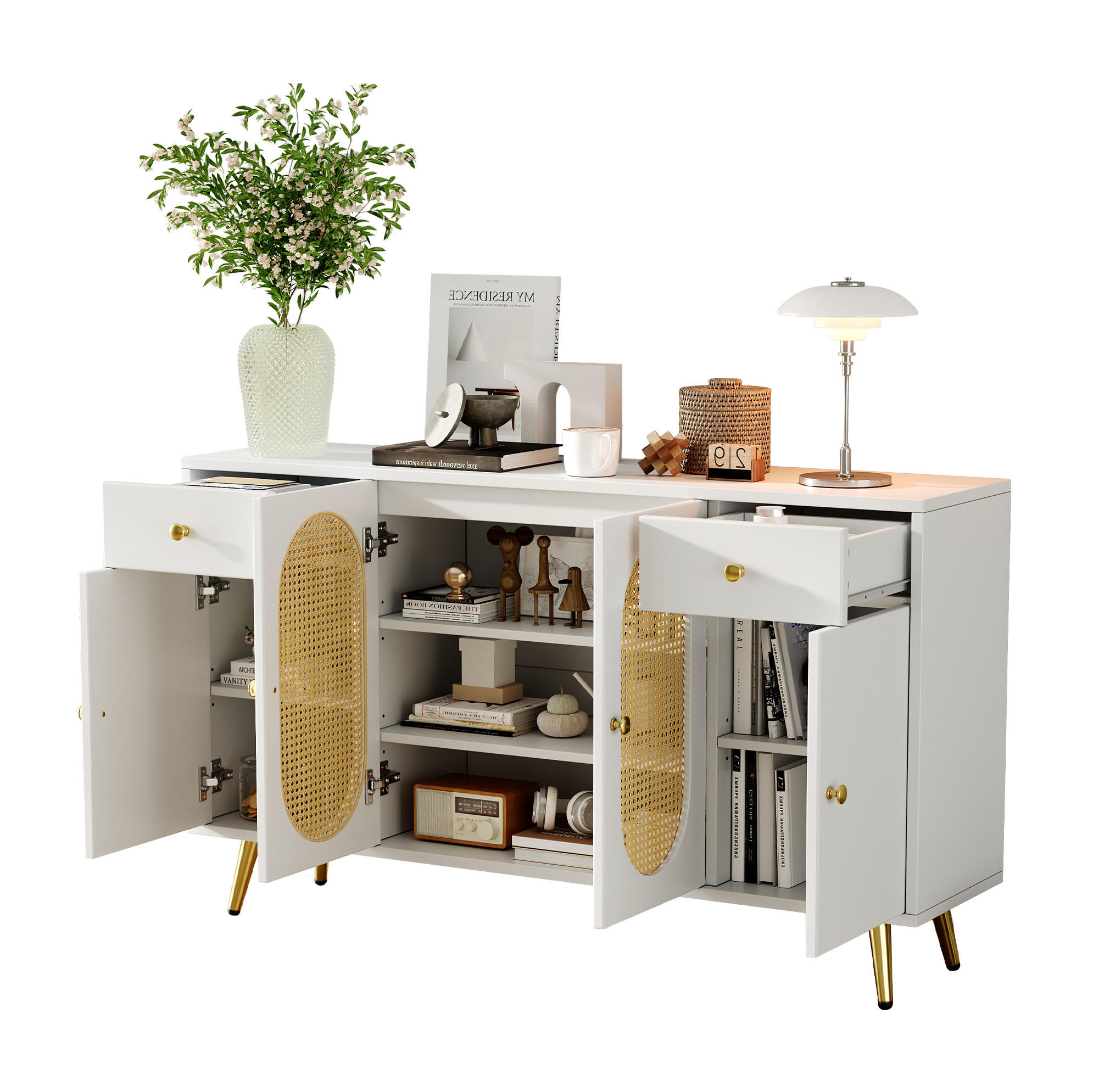 SIDEBOARD 140/35/82 cm weiß/natur aus Spanplatte mit 2 Schubladen und 4 Türen - Naturfarben, Holzwerkstoff (140/82/35cm) - OKWISH