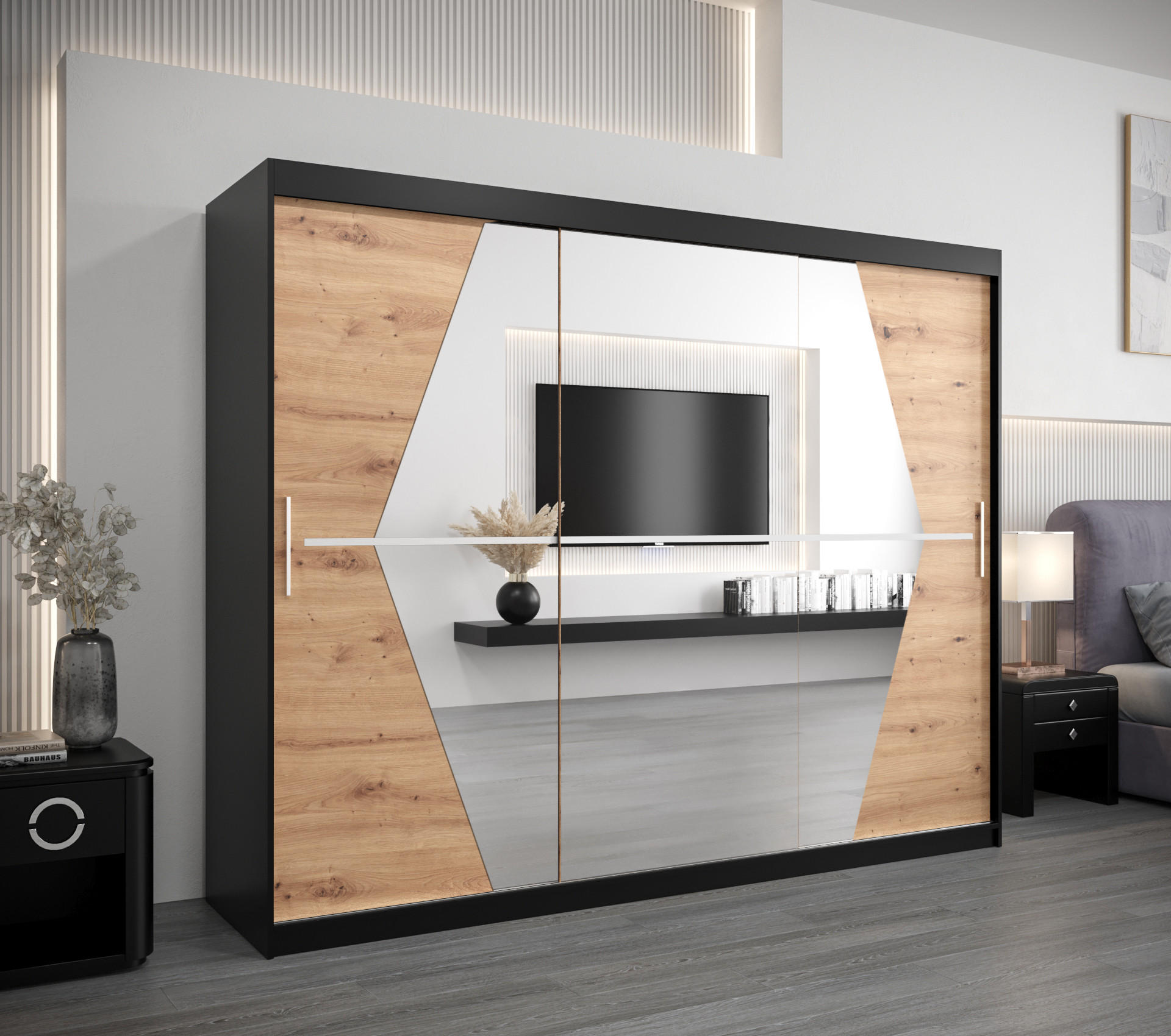 SCHWEBETÜRENSCHRANK 200/250/62 3-türig - Silberfarben/Schwarz, Holz/Kunststoff (250/200/62cm) - Abiks Möbel