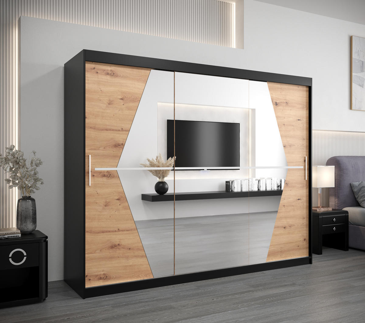 SCHWEBETÜRENSCHRANK 200/250/62 3-türig - Silberfarben/Schwarz, Holz/Kunststoff (250/200/62cm) - Abiks Möbel