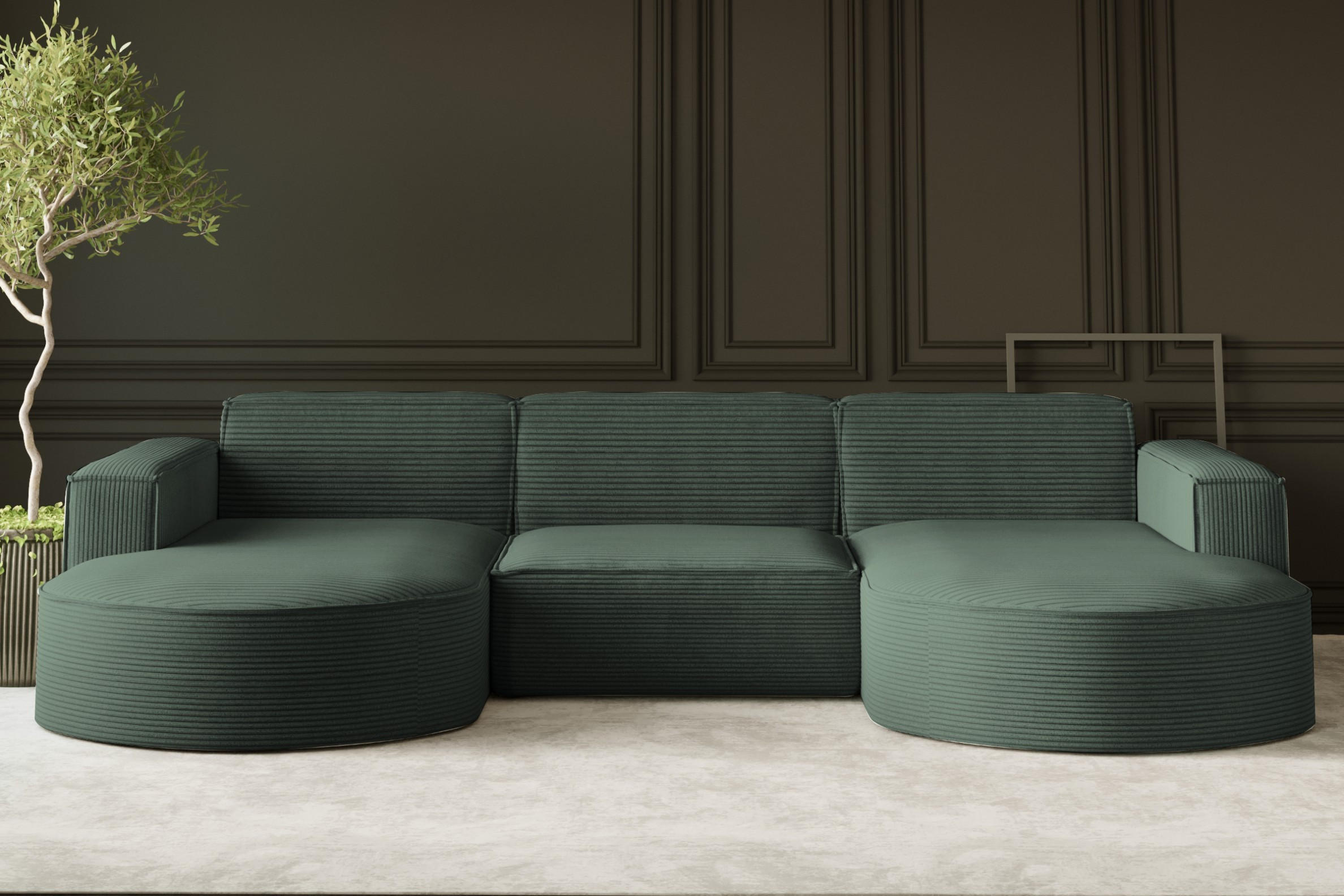 ECKSOFA Designer MODENA U STUDIO Stoff Dicker Cord Grün - Grün, Holz (165/299cm) - Kaiser Möbel