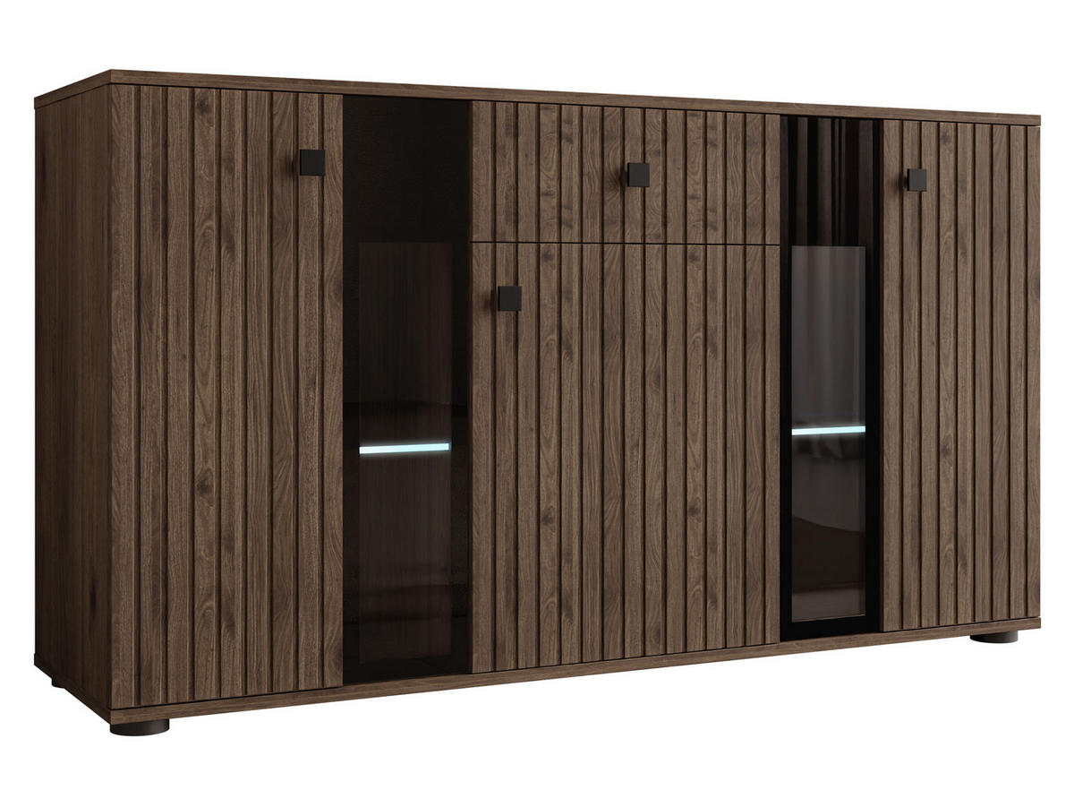 KOMMODE Salsa II mit blauer LED Beleuchtung - Nussbaumfarben/Schwarz, Holzwerkstoff (141/80/41cm) - MIRJAN24