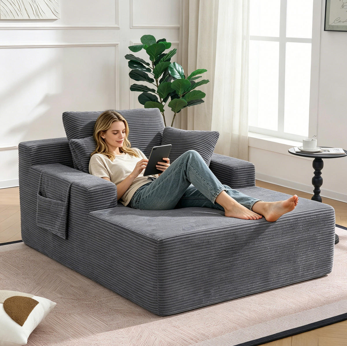 SOFA mit Seitentaschen und Kissen Dunkelgrau - Dunkelgrau, Kunststoff (70/150/110cm) - Meubliv