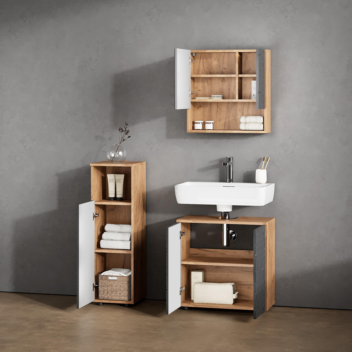BADMÖBEL-SET Ronco Anthrazit gestreift 3 Teile - Anthrazit, Holzwerkstoff (60/59/30cm) - Livinity®