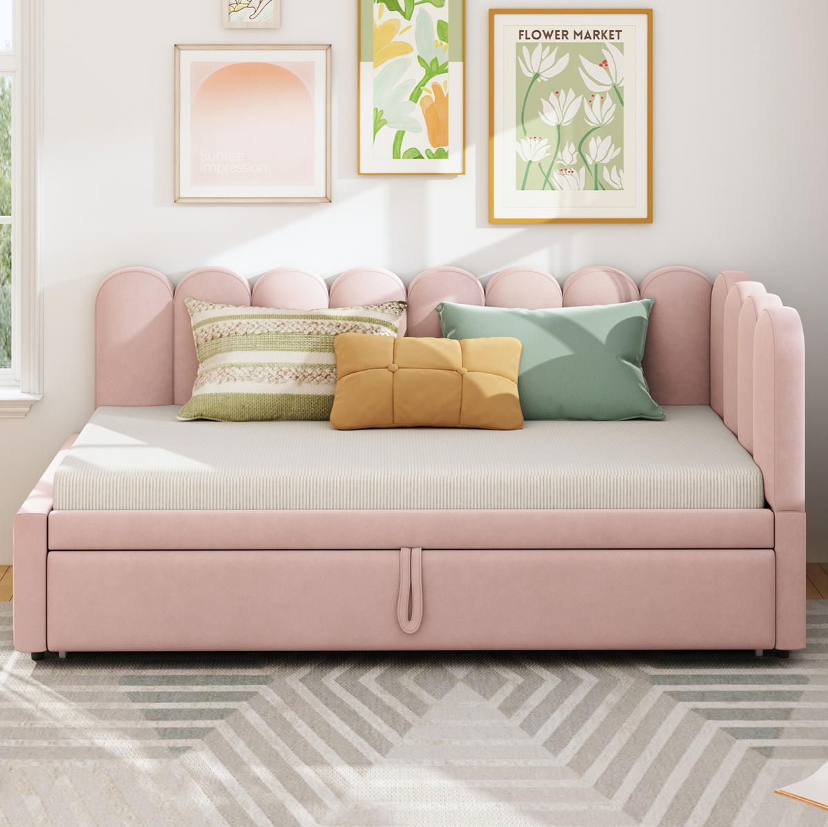POLSTERBETT 90/200 cm L-Form Rosa Samt mit ausziehbarem Kopfteil - Rosa, Textil (90/200cm) - OKWISH