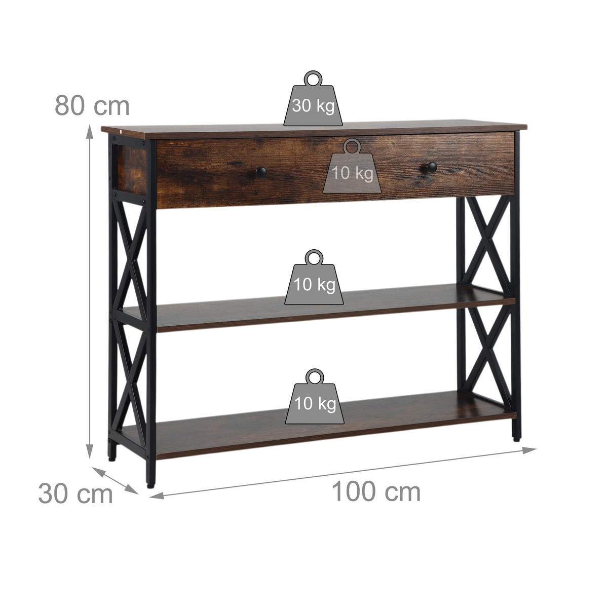 KONSOLENTISCH - Braun, Holzwerkstoff/Metall (30/100/80cm) - Relaxdays