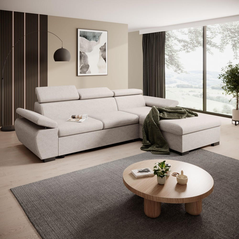 ECKSCHLAFSOFA Coco mit verstellbare Kopfstützen, beige, rechts - Beige, Textil (273/191cm) - Beautysofa