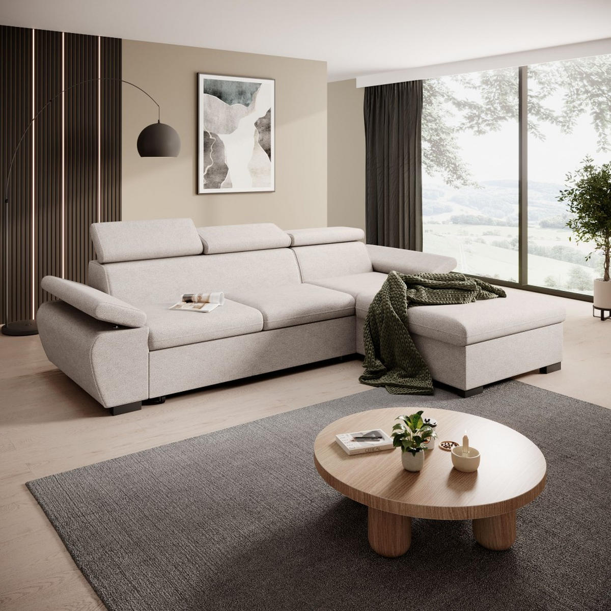 ECKSCHLAFSOFA Coco mit verstellbare Kopfstützen, beige, rechts - Beige, Textil (273/191cm) - Beautysofa