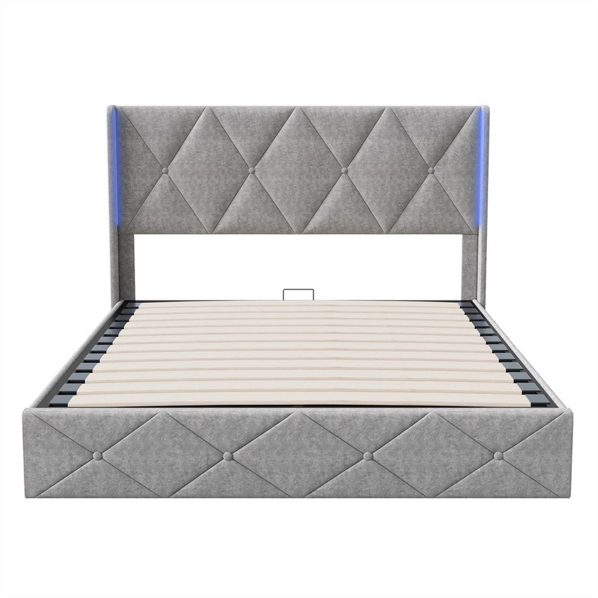 POLSTERBETT 140x200 cm mit LED-Beleuchtung - Kopfteil im Rautendesign und hydraulischem Stauraum - Grau - Grau, Textil (140/200cm) - DELFA