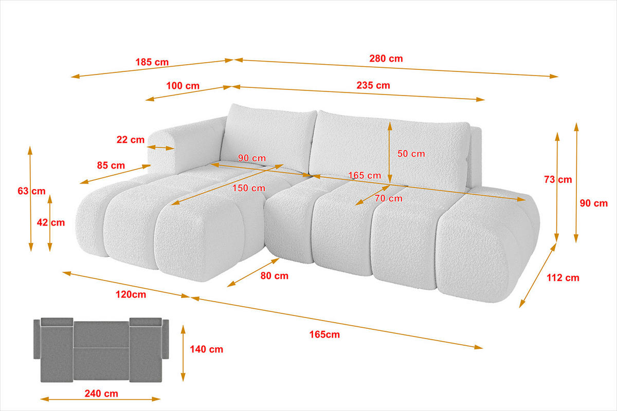 ECKSOFA Ottomane Links CLOUD-L 280x185x90 Weiß Bouclé - Weiß, Holzwerkstoff/Kunststoff (180/289cm) - ALTDECOR