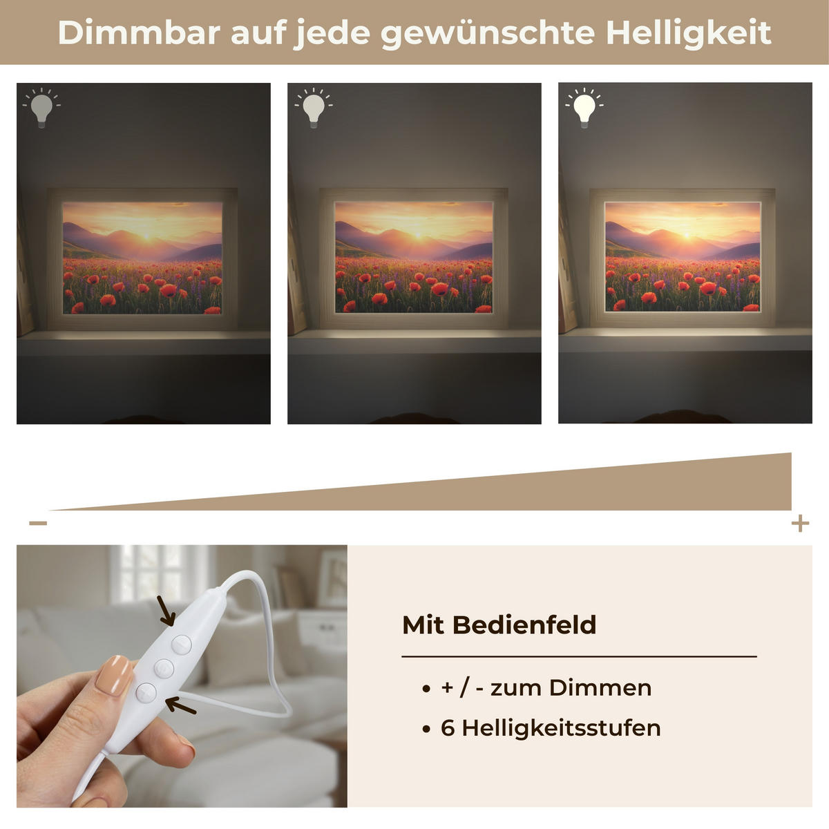 WANDLEUCHTE Landschaft - Sonnenuntergang - Blumenfeld 20x15 cm - Rot, Holzwerkstoff (20/15/8cm) - OnlyWow