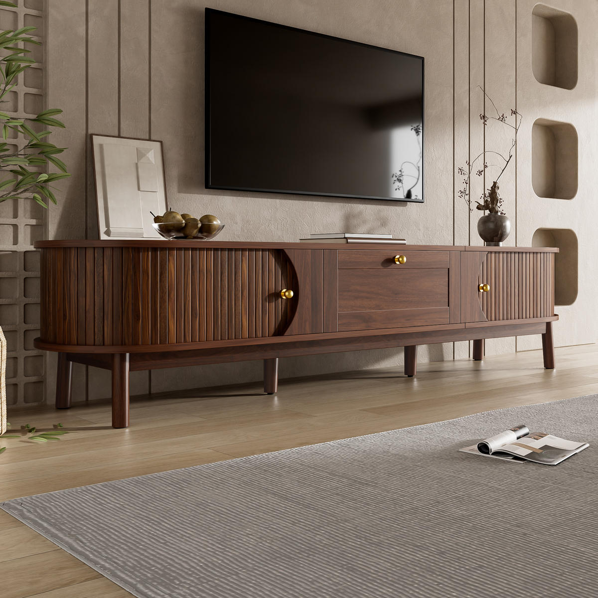 TV-SCHRANK Massivholz Schubladen abgerundet Stauraum modern - Walnussfarben, Holzwerkstoff (39.5/38/170cm) - FLIEKS