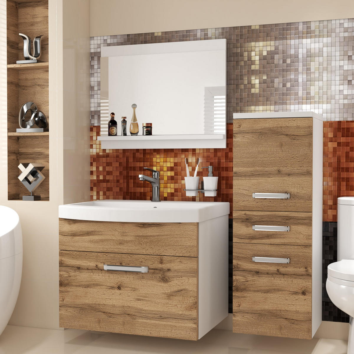 BADMÖBEL Badezimmer SET PRI M2, Goldbraun Matt, 90 cm - Braun, Holz (38.7/81/90cm) - B BELINI GROUP