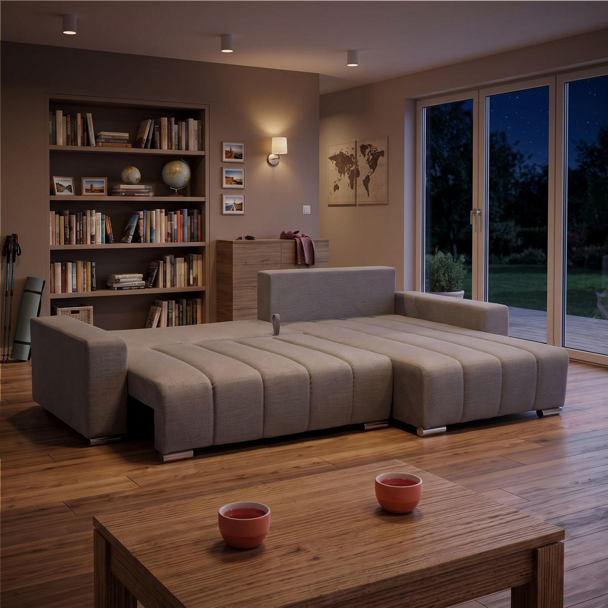 ECKSOFA Piano L Rechts mit Schlaffunktion 137x234 Velours Taupe - Taupe/Silberfarben, Holz/Textil (178/278cm) - NACANAPA