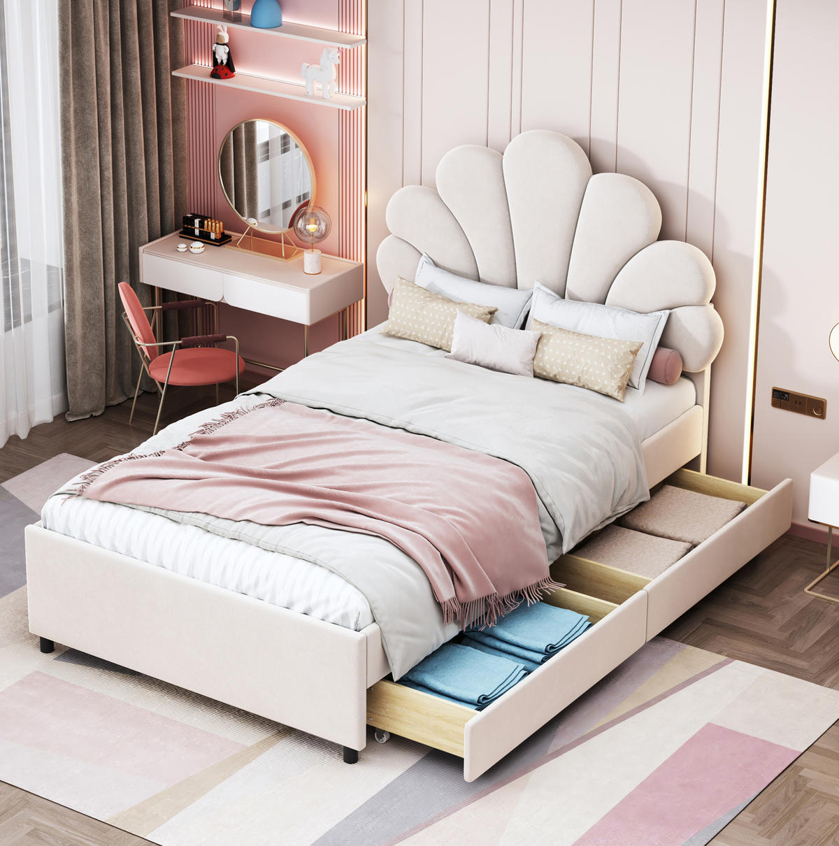 POLSTERBETT 90/200 cm in Beige mit 2 Schubladen und blütenförmigem Kopfteil - Beige, Textil (90/200cm) - Flora Grace