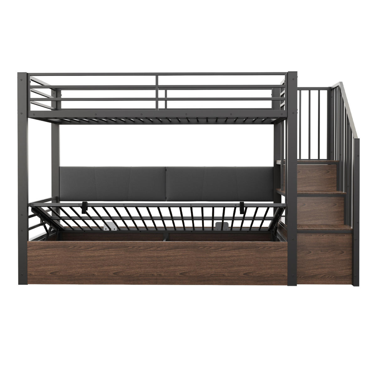 HOCHBETT 90/200 cm mit hydraulischem Bettkasten, PU-Rückenlehne und Stauraumtreppe, Schwarz - Schwarz, Kunststoff (90/200cm) - Redom