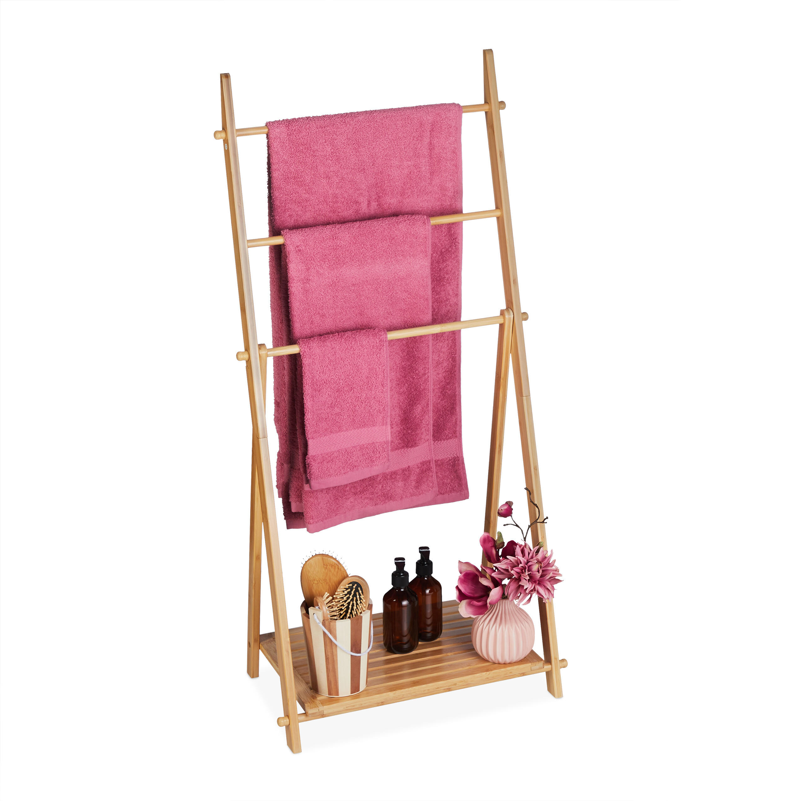 HANDDUKSSTEGE Natur bambu med hylla hopfällbar 3 stänger Ljusbrun 110/53/31.5 cm