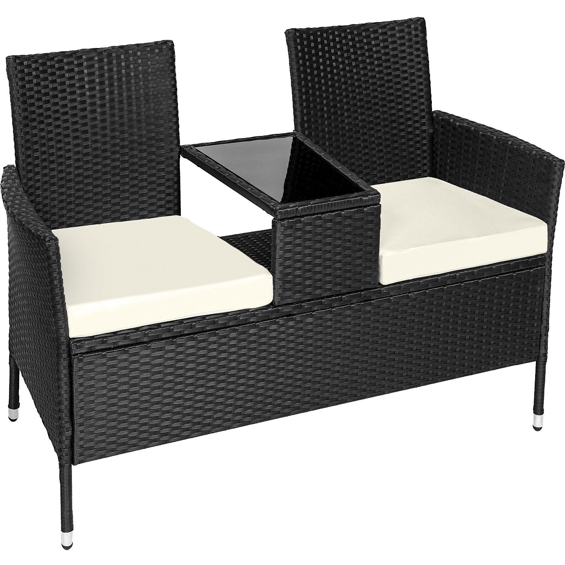 RATTAN GARTENSITZBANK Narbonne, 6 cm Sitzpolster, schwarz/beige - Beige/Schwarz, Kunststoff (61/82/131cm) - tectake