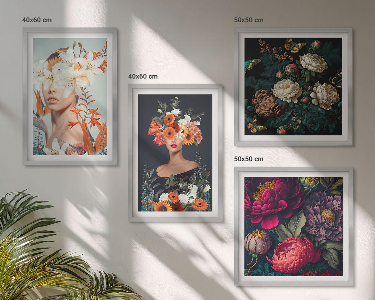 WANDBILDER 4er Set - 50x50 cm & 40x60 cm Silberner Rahmen - Blumenporträts, Sträuße, Blätter - Silberfarben, Kunststoff (50/50cm) - ArtPrintCave