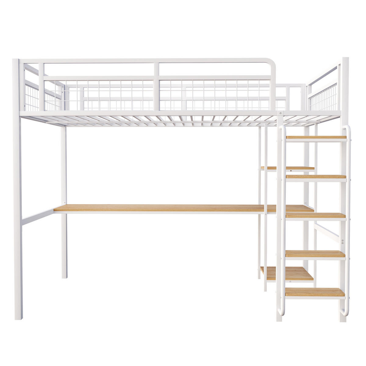HOCHBETT mit Schreibtisch 140/200 cm in Weiß – aus Metall mit Regal und Leiter - Weiß, Metall (140/200cm) - BEAOK