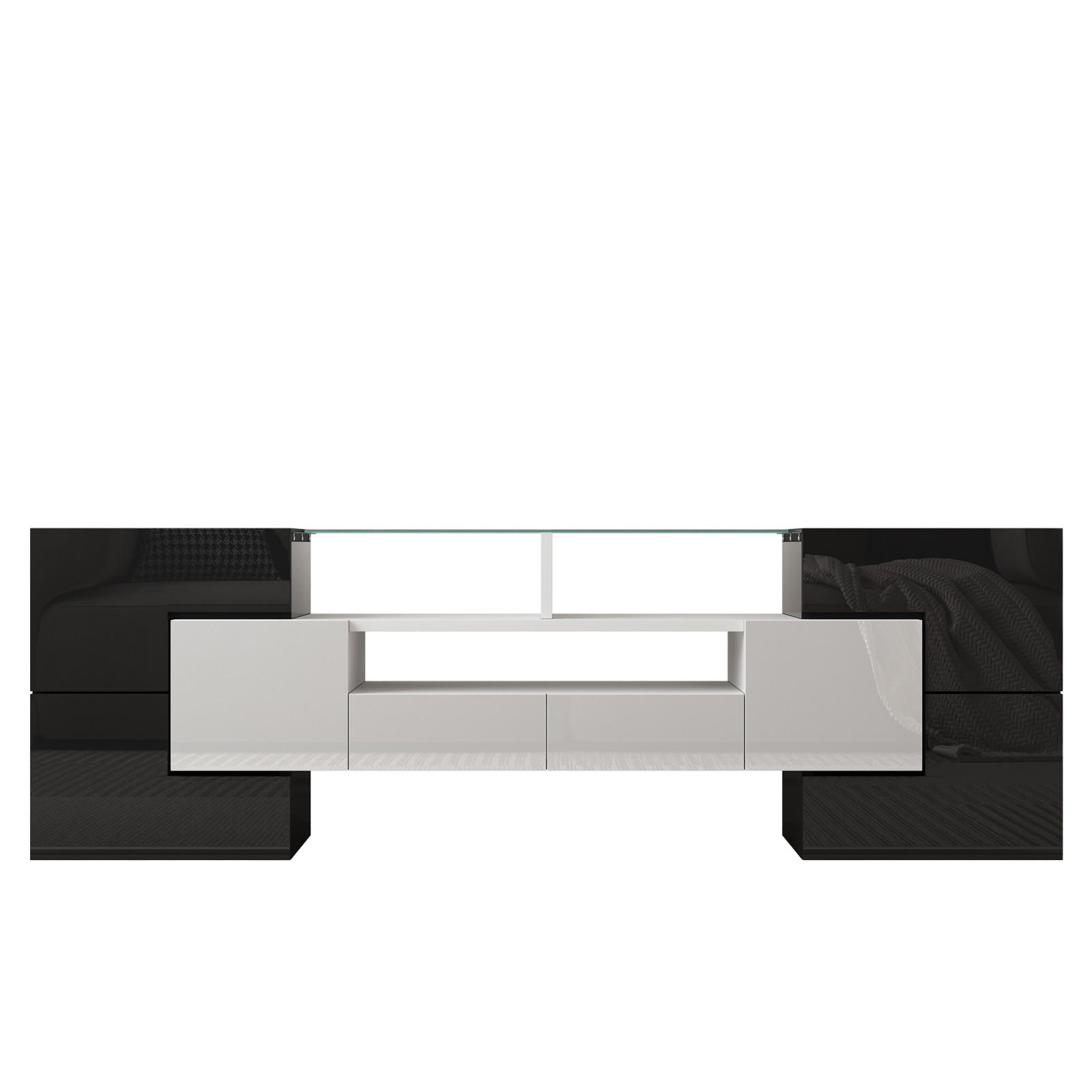 TV Lowboard LED 150x30x50 cm, Stauraum, Weiß Grau - Schwarz, Holz (145/51/30cm)