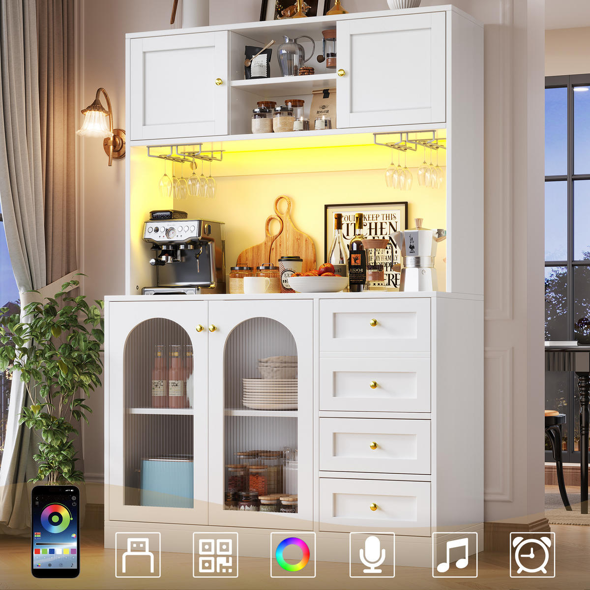 BUFFET Küchenschrank LED App Steuerung Fluted Glas MDF Anti Kipp Metallgriffe 120/40/188 cm Weiß - Weiß, Glas/Holzwerkstoff (120/188/40cm) - EVRYAE