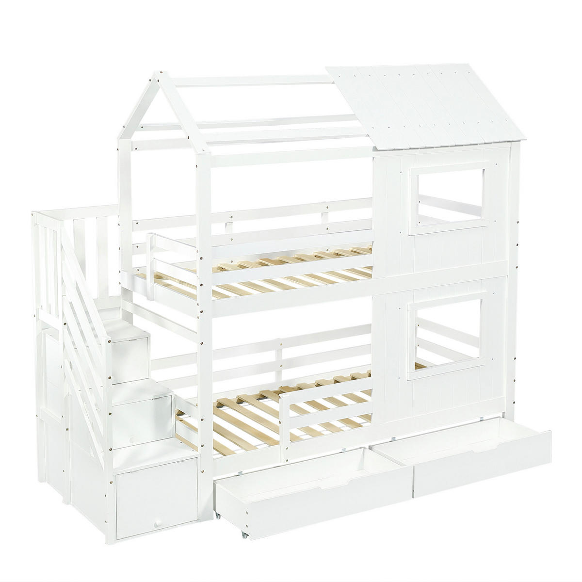 ETAGENBETT 90/200 cm weiß aus Kiefer und MDF mit Treppenschrank - Weiß, Holz (90/200cm) - OKWISH