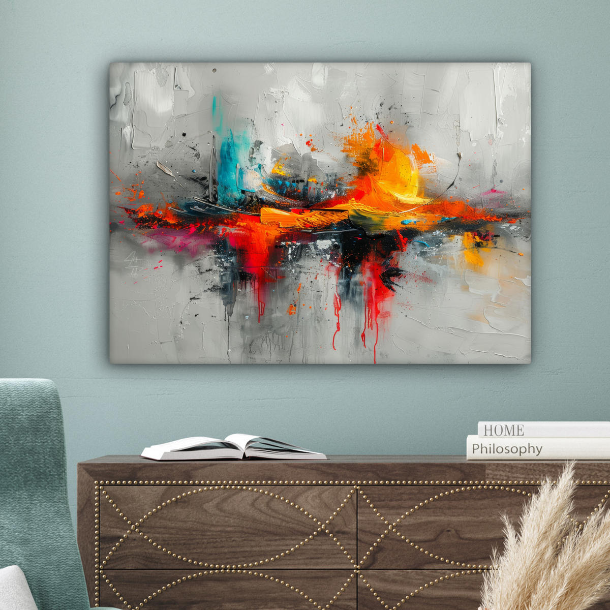 LEINWANDBILD Moderne Kunst - Orange - Grau - Abstrakt Wandbilder 80x60 cm - Hellgrau, Textil (80/60cm) - MuchoWow