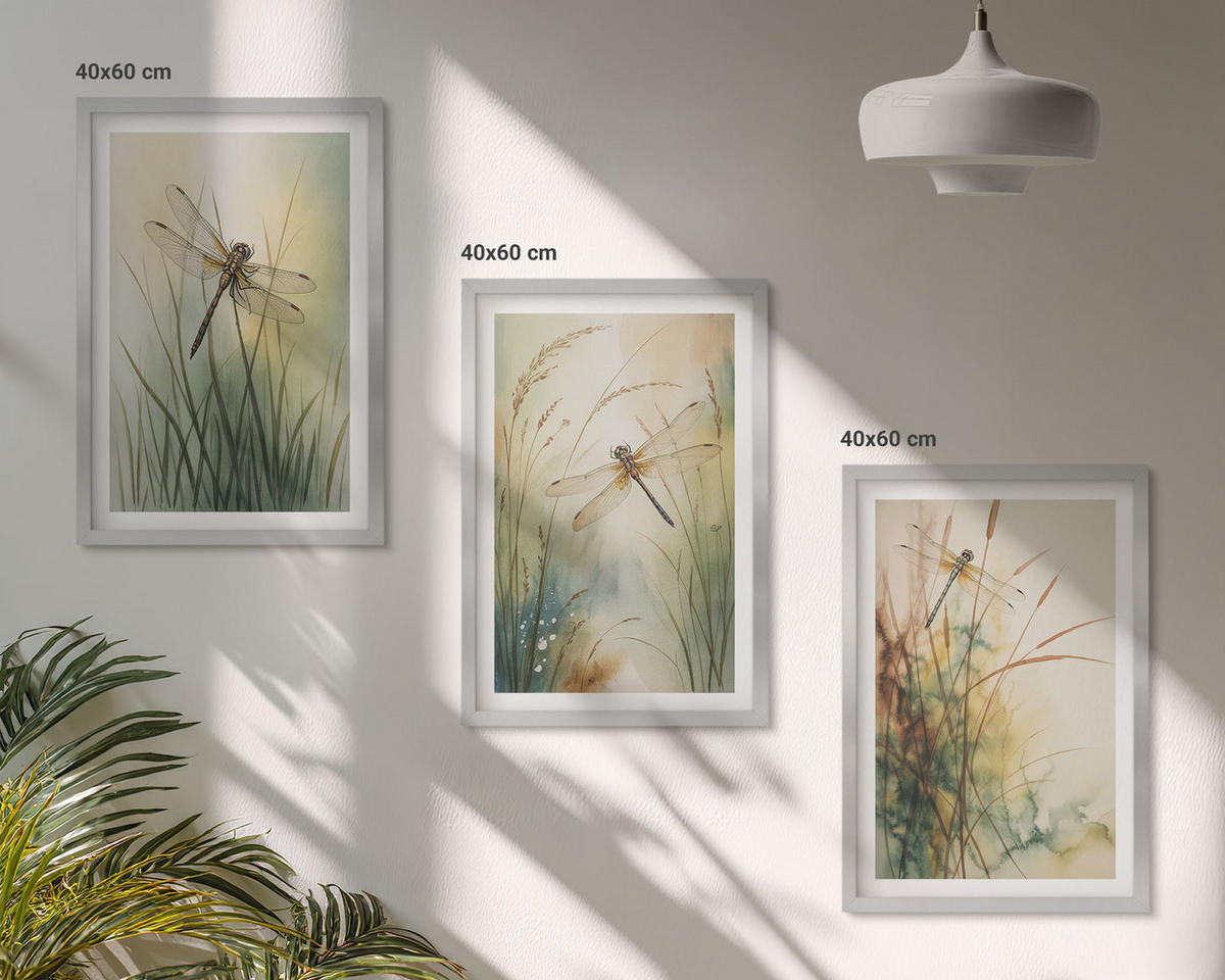 WANDBILDER 3er Set - 40x60 cm Silberner Rahmen - Libellengräser über dem Wasser - Silberfarben, Kunststoff (40/60cm) - ArtPrintCave