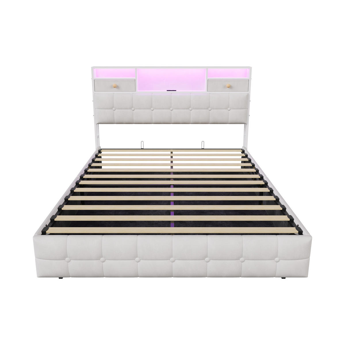 BETT mit hydraulischem Bettkasten, 140/200 cm, mit Samtbezug, LED-Beleuchtung und USB-Anschlüssen, Beige - Beige, Textil/Metall (140/200cm) - Waldena