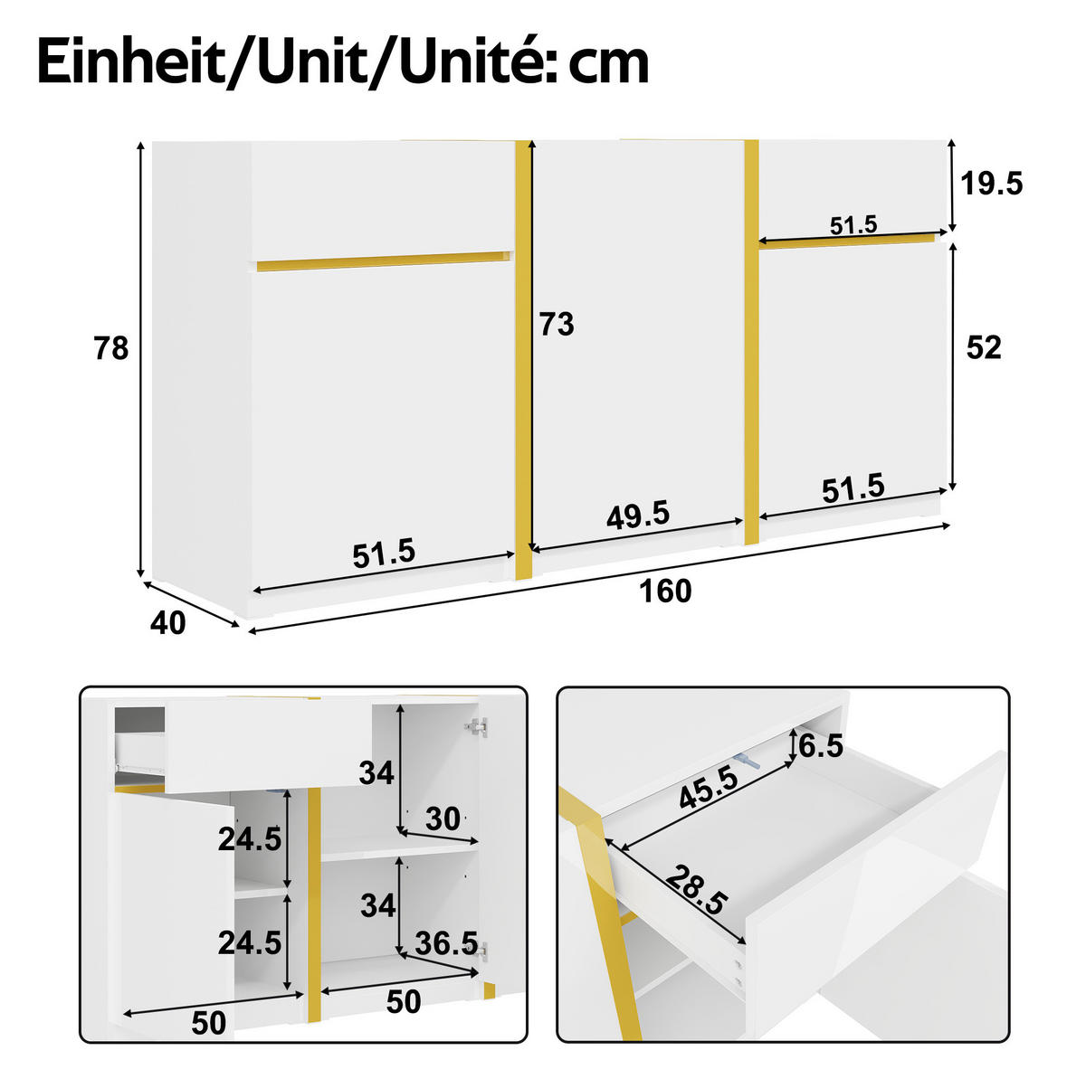 SIDEBOARD 160/40/78 cm Weiß aus MDF und Holzwerkstoff mit 3 Türen - Weiß, Holzwerkstoff (160/78/40cm) - OKWISH