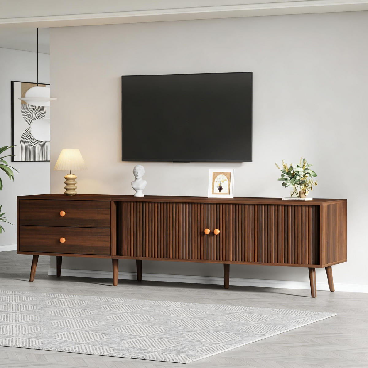 LOWBOARD TV Schrank mit Rollladentüren & Schubladen Walnussoptik Braun 180/40/46,5 cm Holzwerkstoff - Nussbaumfarben, Holzwerkstoff (180/46.5/40cm) - EVRYAE