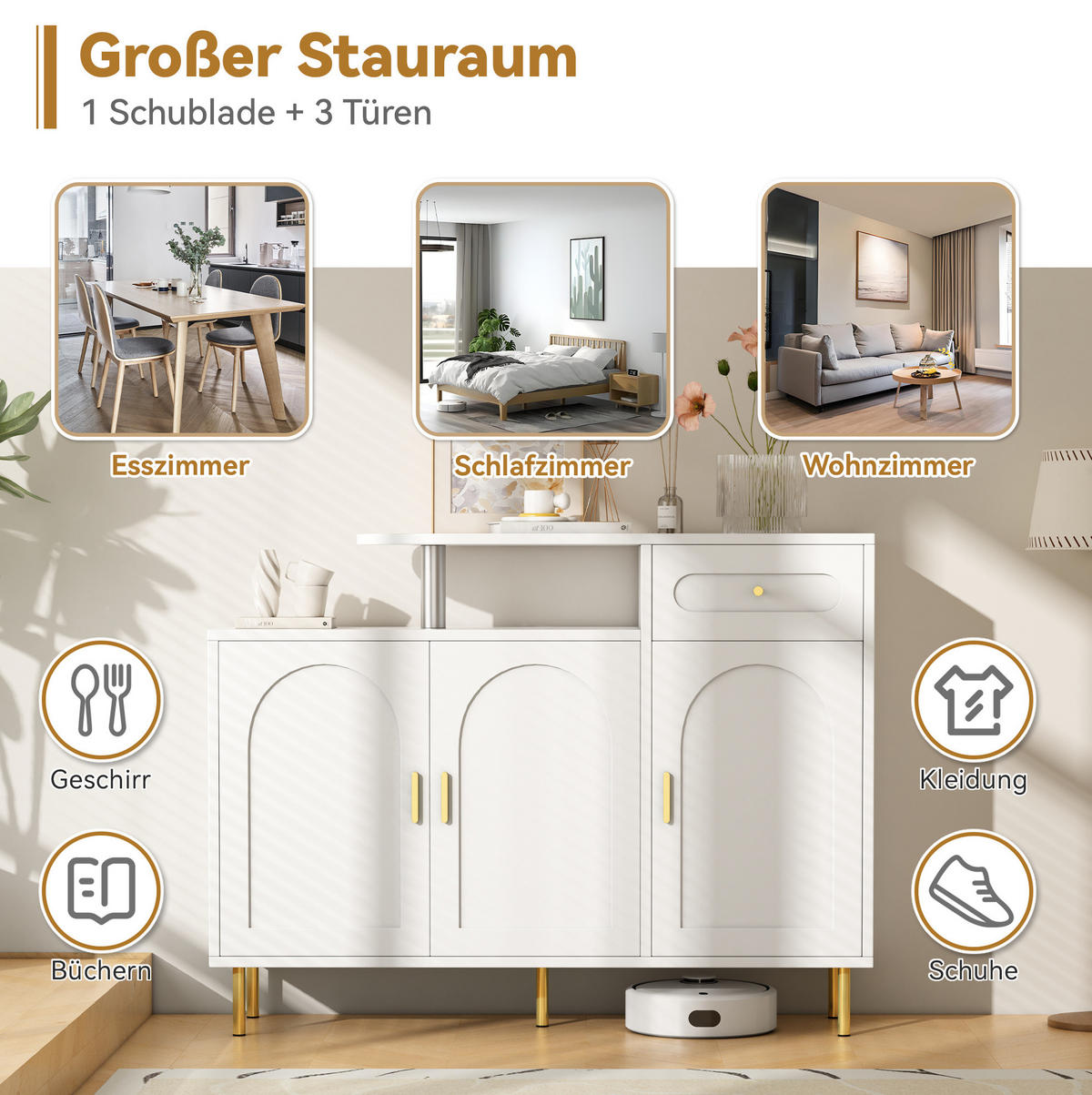 SIDEBOARD 120/35/92 cm Weiß aus Spanplatte mit 3 Türen und Schublade - Weiß, Holzwerkstoff (120/92/35cm) - OKWISH