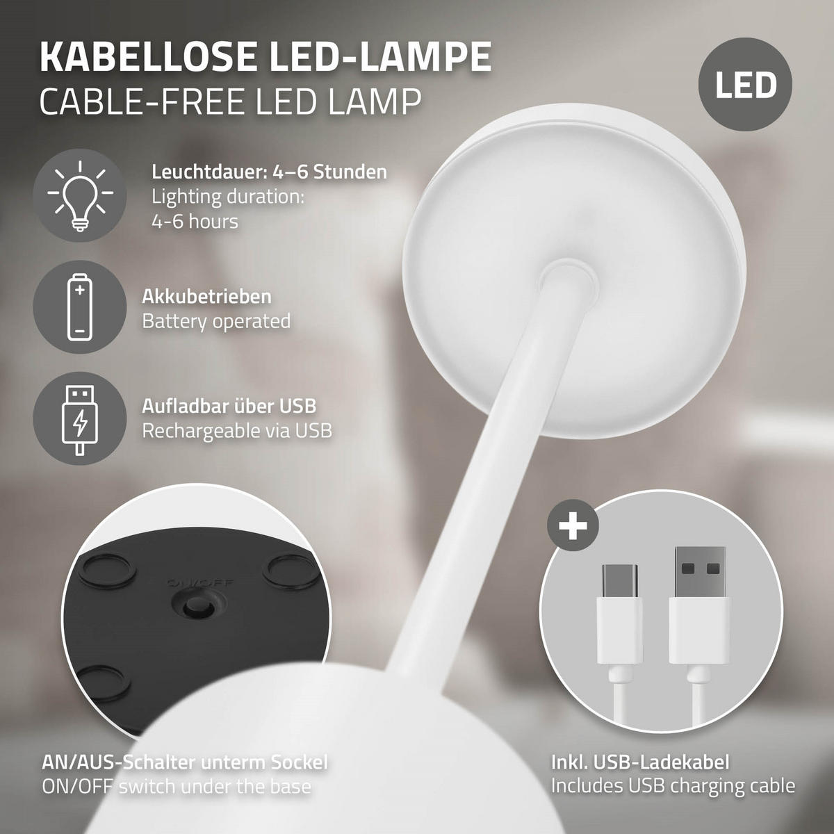 LED TISCHLAMPE kabellos Touch Weiß Ø8x34,5cm 3 Lichtfarben Dimmbar - Weiß, Kunststoff (8/8/34.5cm) - ML-DESIGN