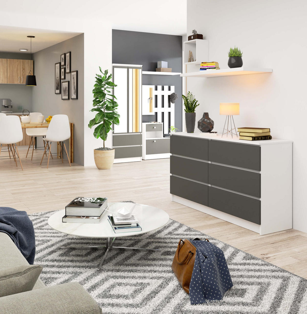 KOMMODE Weiß, Graphit Grau 77/138/40 - Weiß, Holzwerkstoff (138/77/40cm) - RAUMHIRSCH FURNITURE