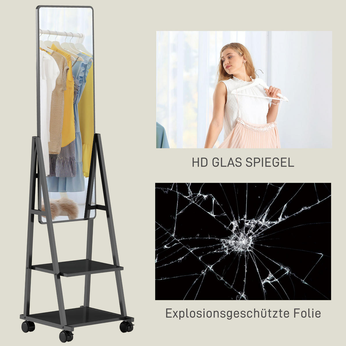 GANZKÖRPERSPIEGEL, 42 x 155 cm Standspiegel mit Ablage, Schwarz - Schwarz, Metall (42/155/37cm) - HOMCOM