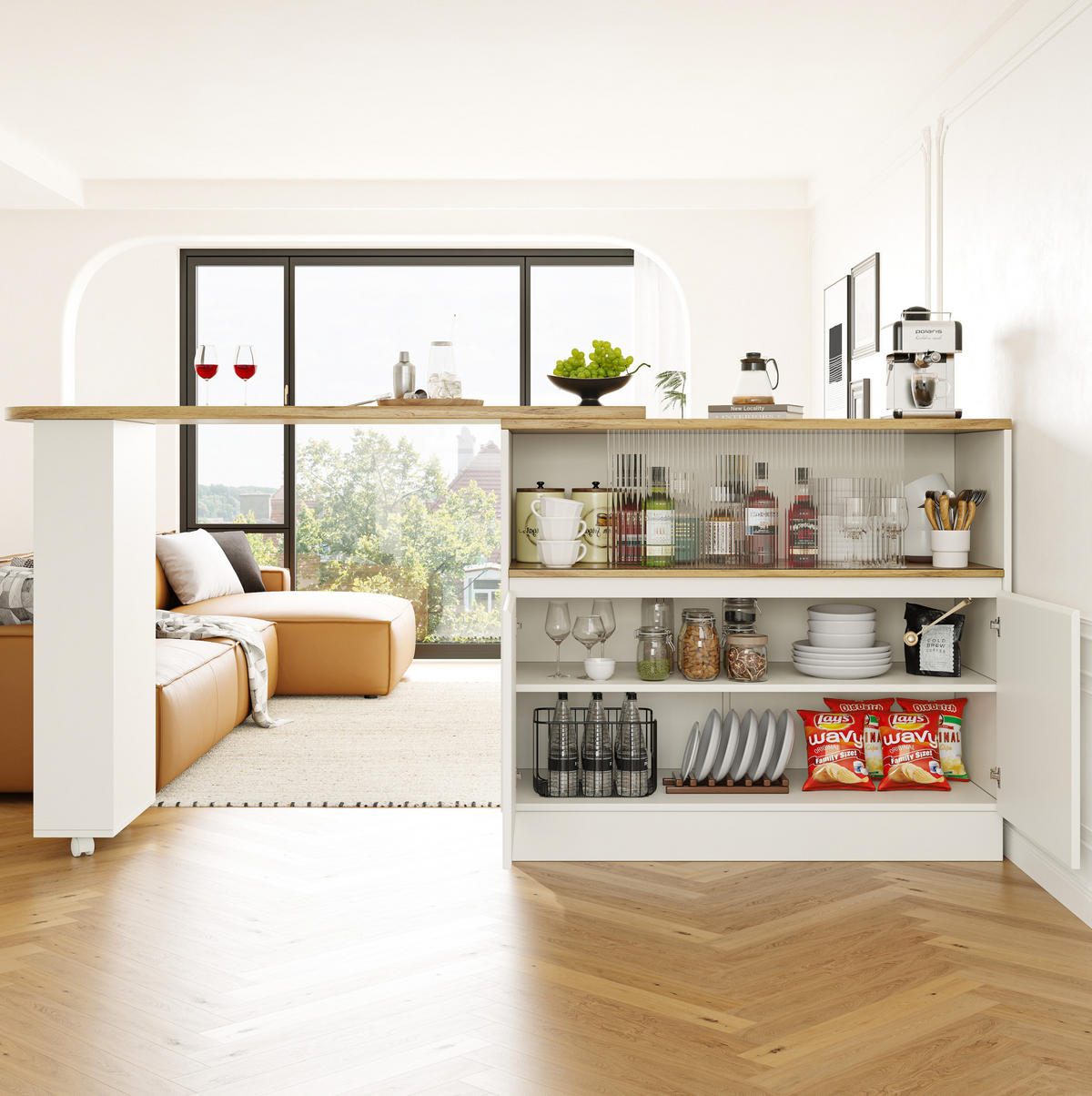SIDEBOARD aus MDF mit Glasschiebetür & Ablagen, 90/45/100 cm, Weiß - Weiß, Holzwerkstoff (90/100/45cm) - Redom