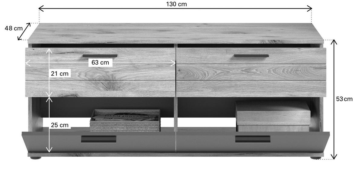 LOWBOARD MASON (B/H/T: ca. 130/53/47 cm) in Nox Oak Nachbildung/Basalt grau - Eichefarben, Holzwerkstoff (130/53/47cm)