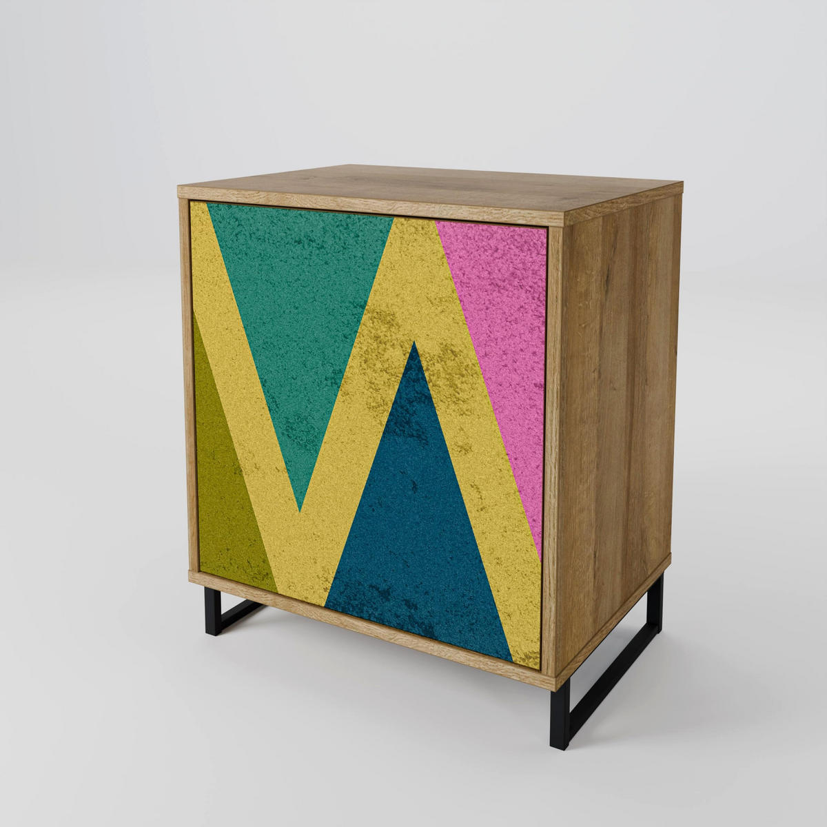 SIDEBOARD COLORFUL TRIANGLES, Eichefarben, 57,5x42x72,5 cm, Schwarze Metallfüße - Eichefarben/Multicolor, Holzwerkstoff/Metall (57.5/72.5/42cm) - SpaceRebels