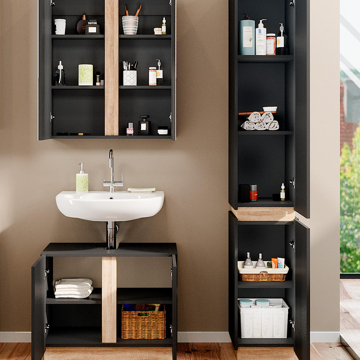 BADMÖBEL-SET Gloria Anthrazit 3 Teile, mit Hochschrank - Anthrazit/Sonoma Eiche, Holzwerkstoff (70/55/34cm) - Vicco