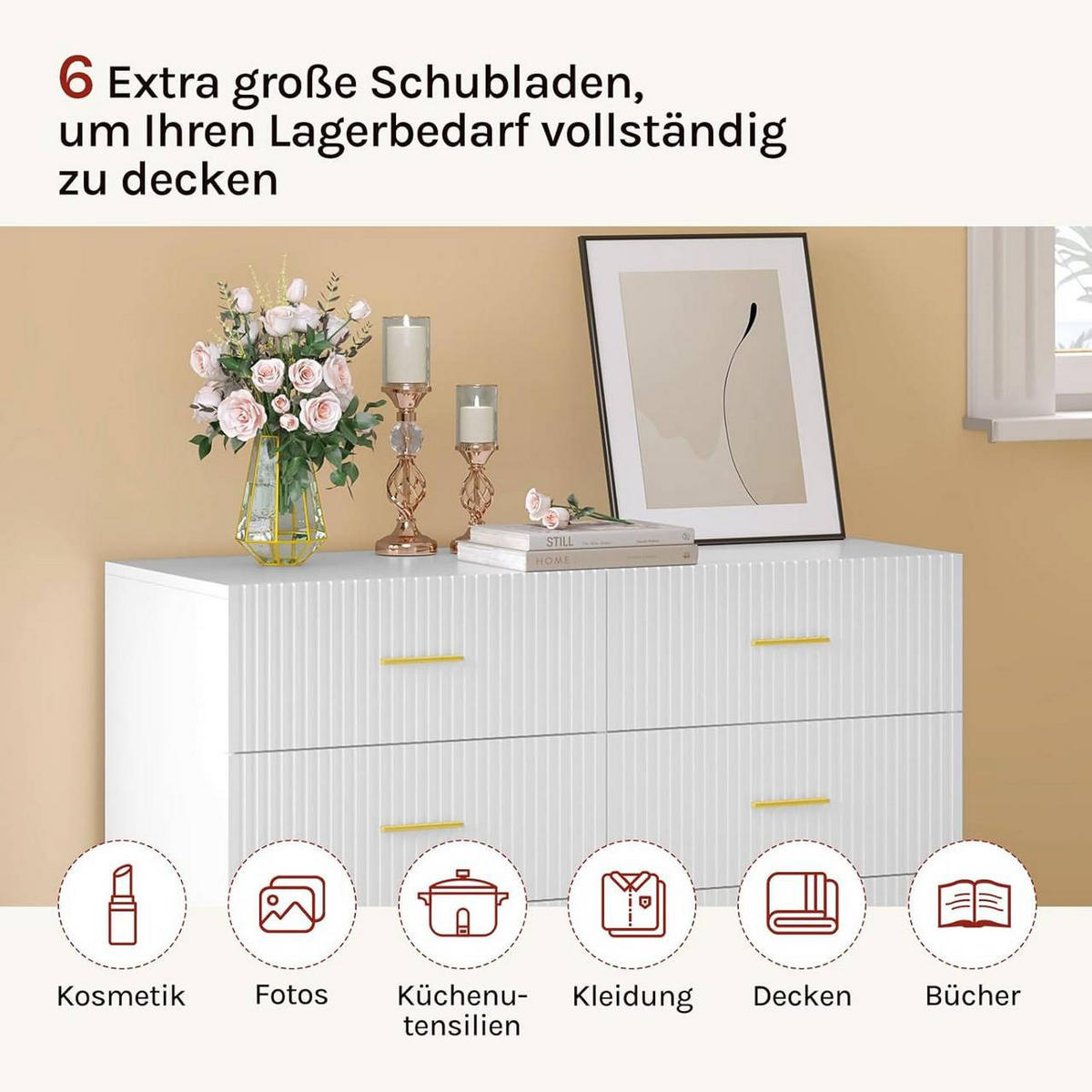 KOMMODE mit 6 Schubladen, 100x75x40 cm, Weiß Gold - Goldfarben/Weiß, Holzwerkstoff (100/75/40cm) - Woltu