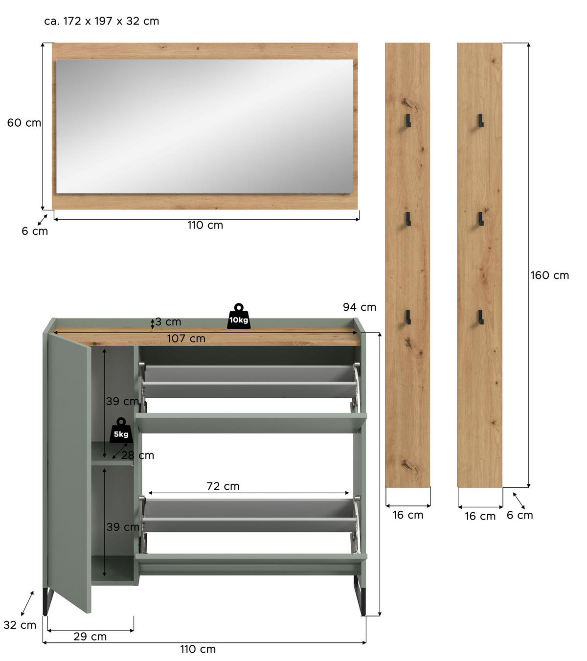 GARDEROBEN-SET DRIVE 4-tlg. (B/H/T: ca. 172/192/32 cm) in Salbei/Salbei - Salbeigrün, Holzwerkstoff (172/192/32cm)