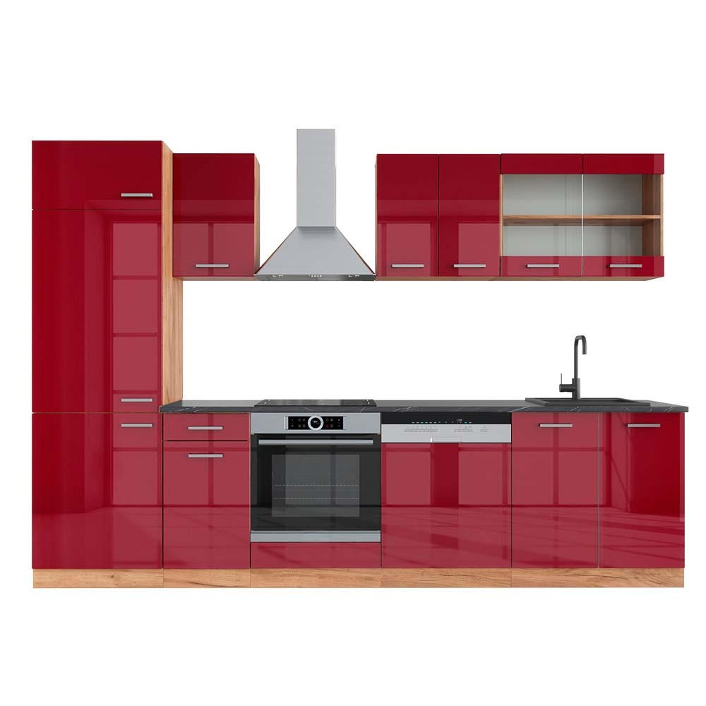 KÜCHENZEILE R-Line Rot Hochglanz/Goldkraft Eiche 300 cm , AP Anthrazit - Honigeiche/Rot, Holzwerkstoff (300/206.8/60cm) - Vicco