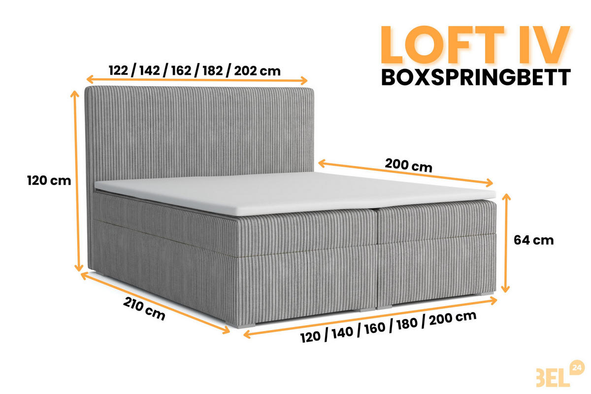 BOXBETT LOFT IV 180/200 Cord Hellgrau mit Bonell-Federkernmatratzen H3 - Hellgrau, Holz/Holzwerkstoff (180/200cm) - Deine Möbel 24