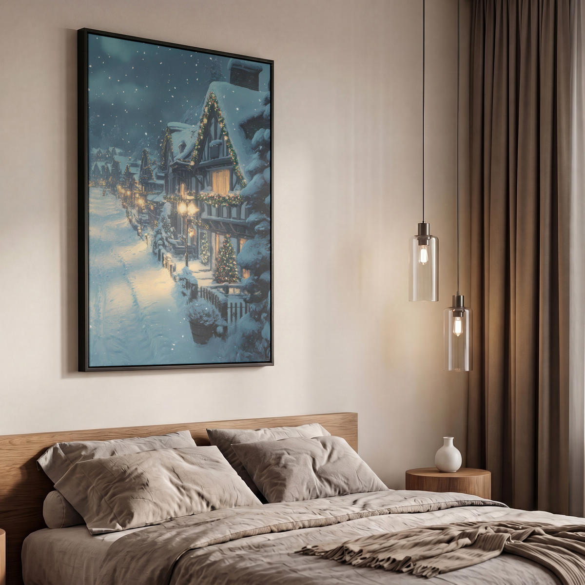 LEINWAND Bilder mit Rahmen - Weihnachtsdorf - Weihnachten - Schnee - Winter - 60x90 - Dunkelblau, Textil (60/90cm) - MuchoWow