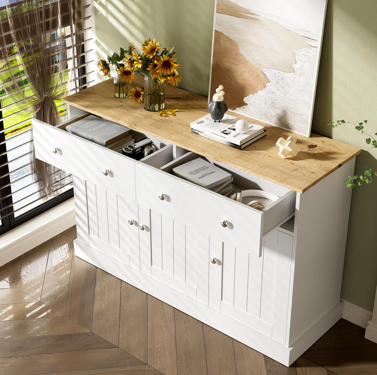 SIDEBOARD 120/36/80,5 cm mit 3 Türen & 2 Schubladen in Weiß und Holzdekor - Weiß, Holzwerkstoff (120/80.5/36cm) - BEAOK