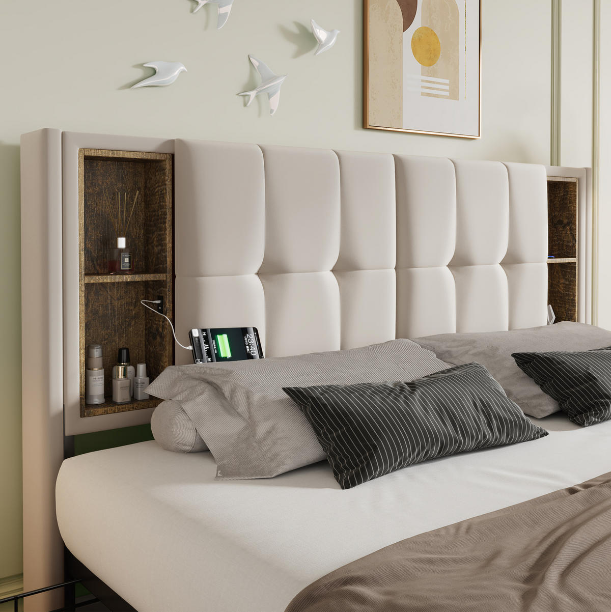 ČALÚNENÁ posteľ 160/200 cm s bezdrôtovým nabíjaním, USB a 4 zásuvkami, zamatová, Béžová - béžová, textil (160/200cm) - Redom