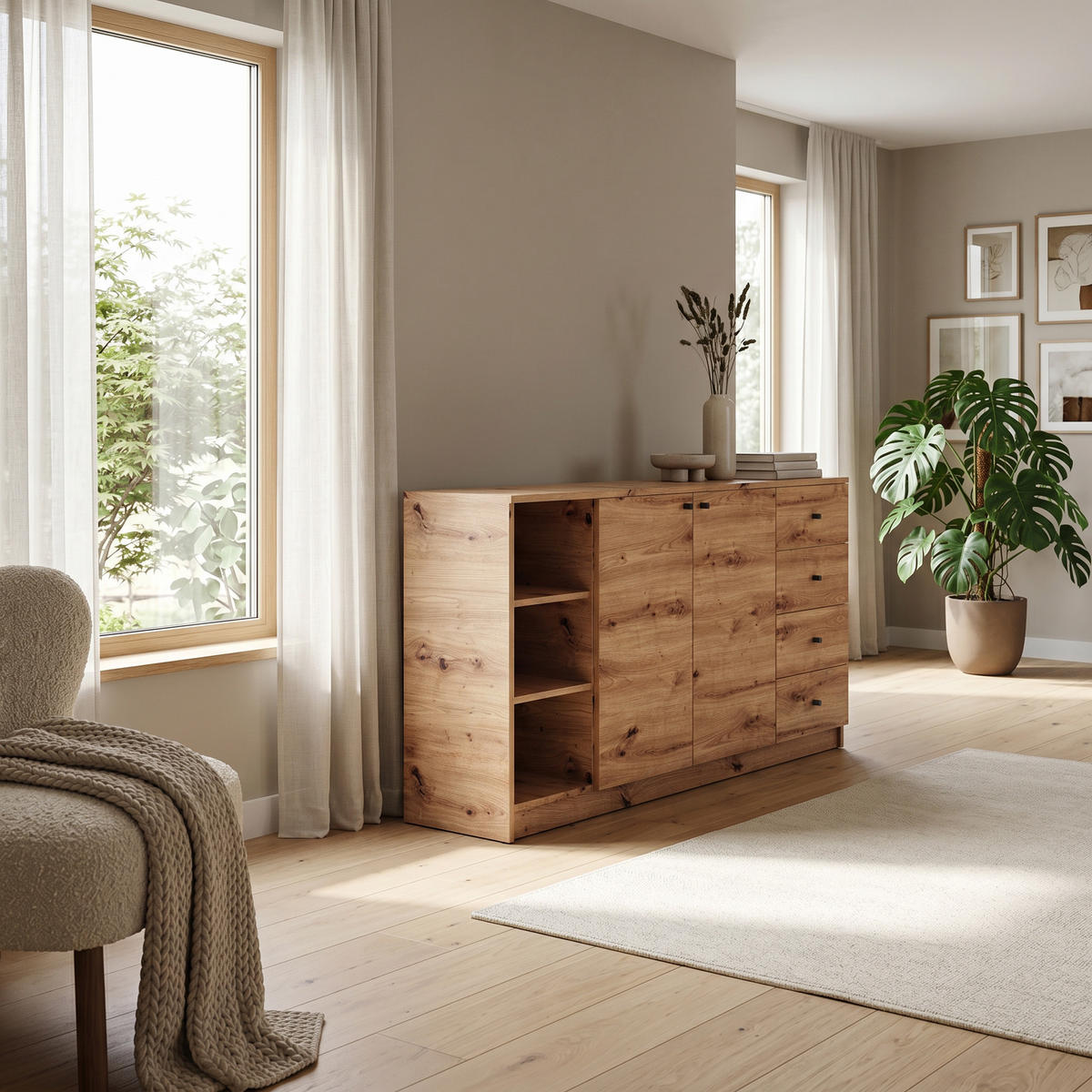 KOMMODE NATURIO 160/87/40cm mit 4 Schubladen 3 Türen Eiche Artisan - Eiche Artisan, Holzwerkstoff (160/87/40cm) - MASSENO