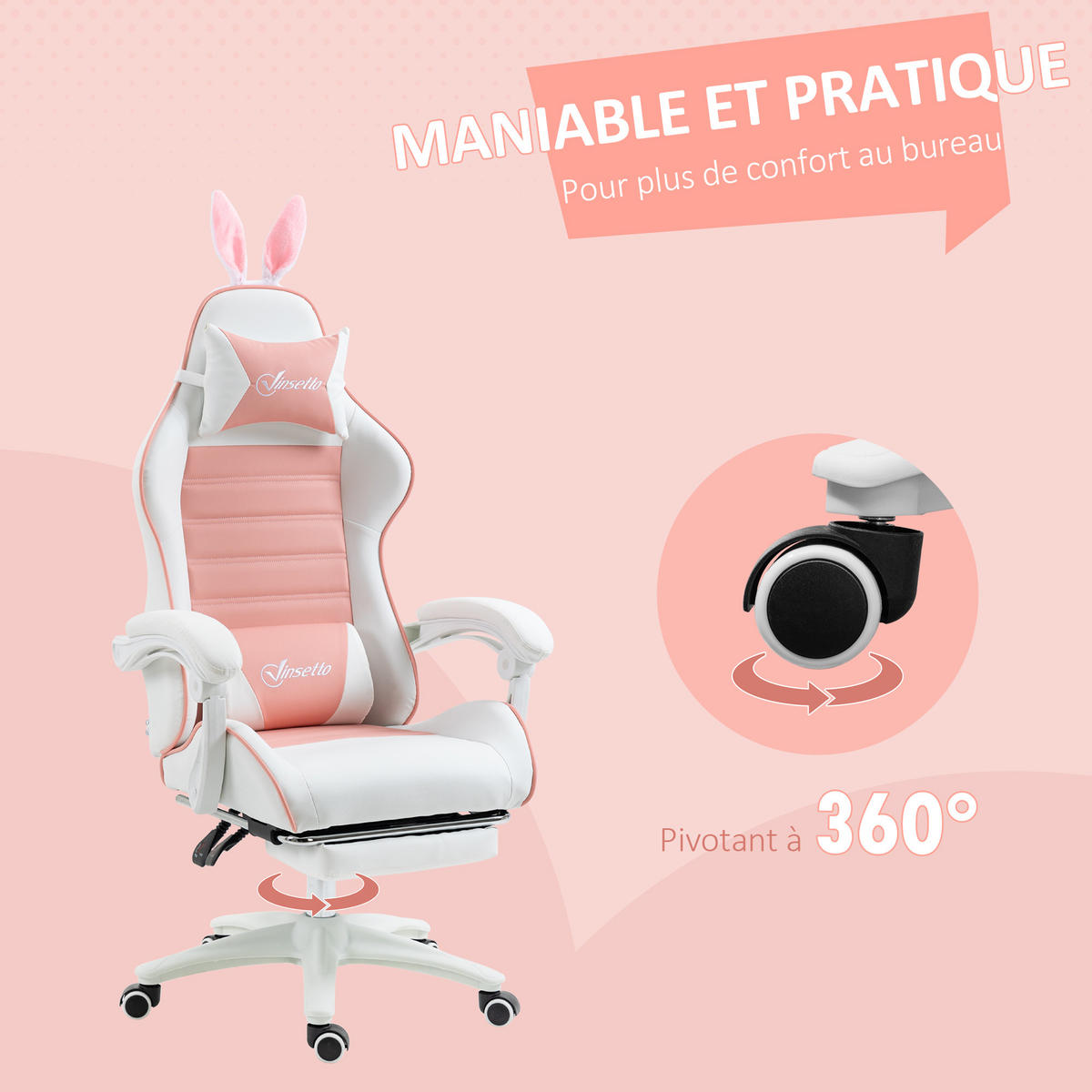 GAMINGSTUHL mit Hasenohren DE-11730 neigbar 135° mit Fußstütze Rosa - Pink, Metall (63/142/65cm) - ComfortXL