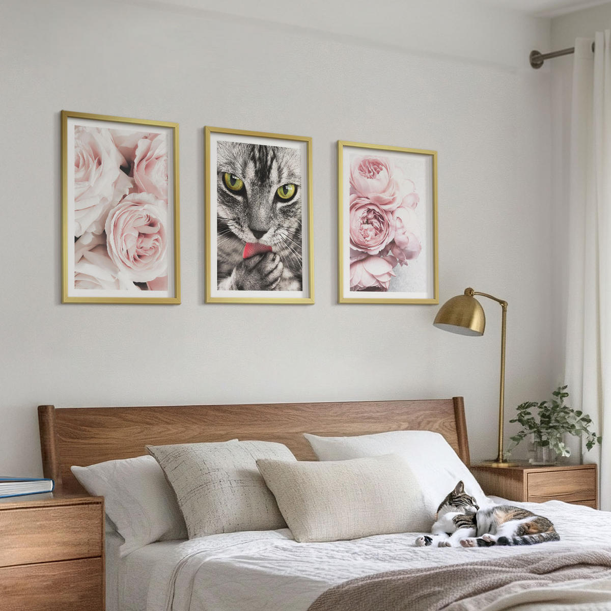 BILDER SET 3er Set - 40x60 cm Goldrahmen - Katze in rosa Blumen - Goldfarben, Kunststoff (40/60cm) - TULUP